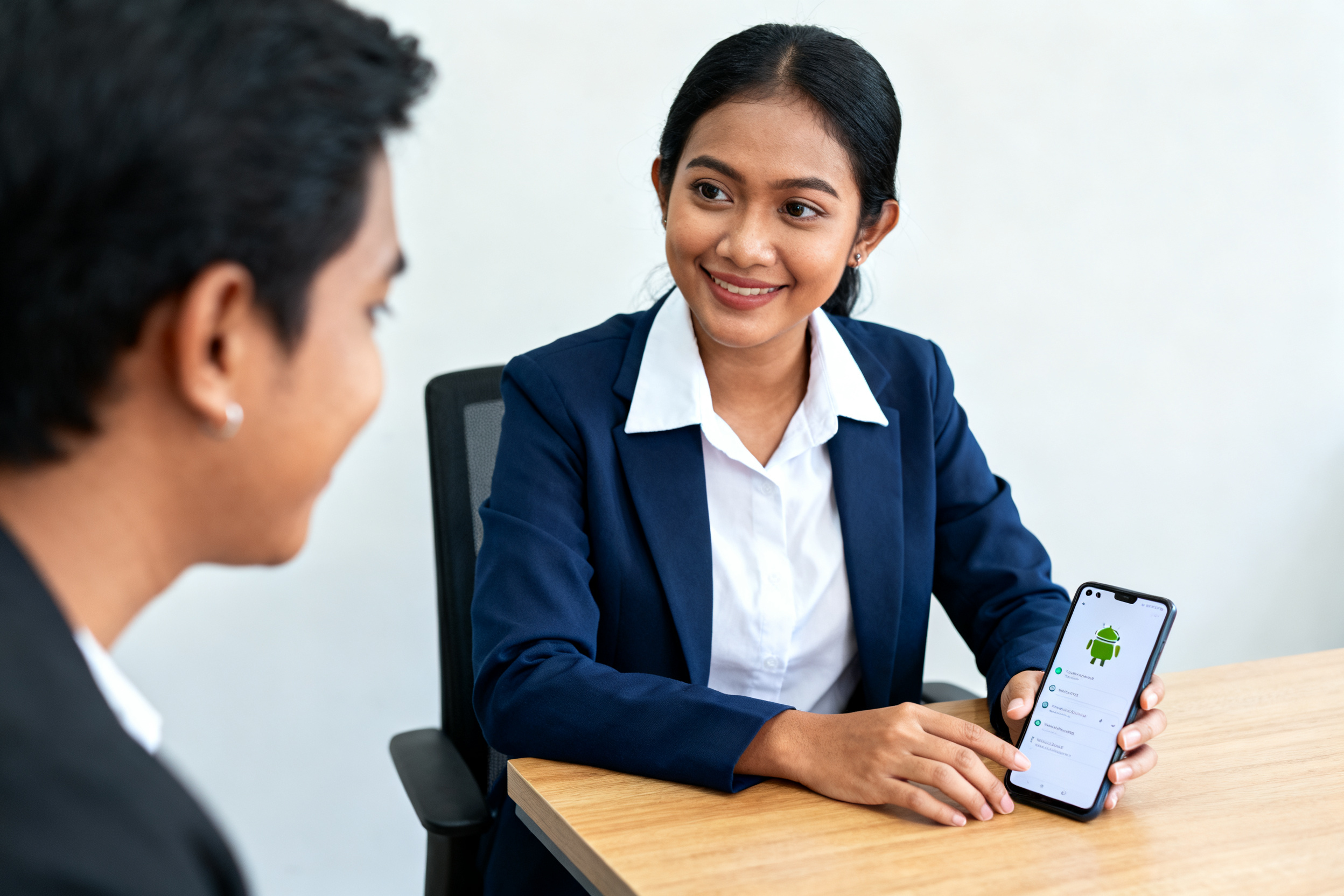 update android mobile terbaru wanita Indonesia memeriksa pengaturan Android di meja kerja